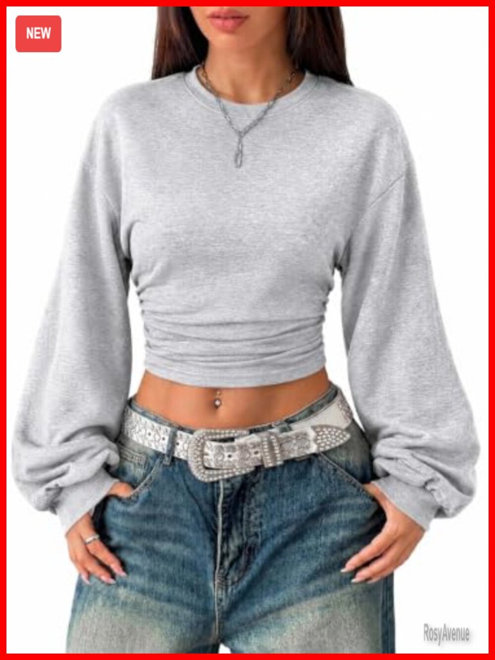 Cropped Sweatshirt Cinched Waist Long Balloon Sleeve Top